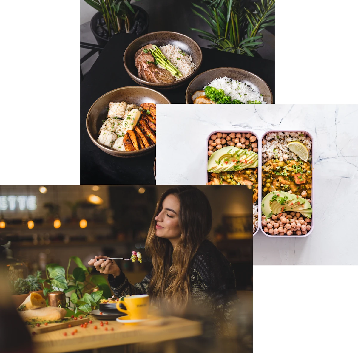 A woman enjoying food, meals in storage and foodbowls on the table